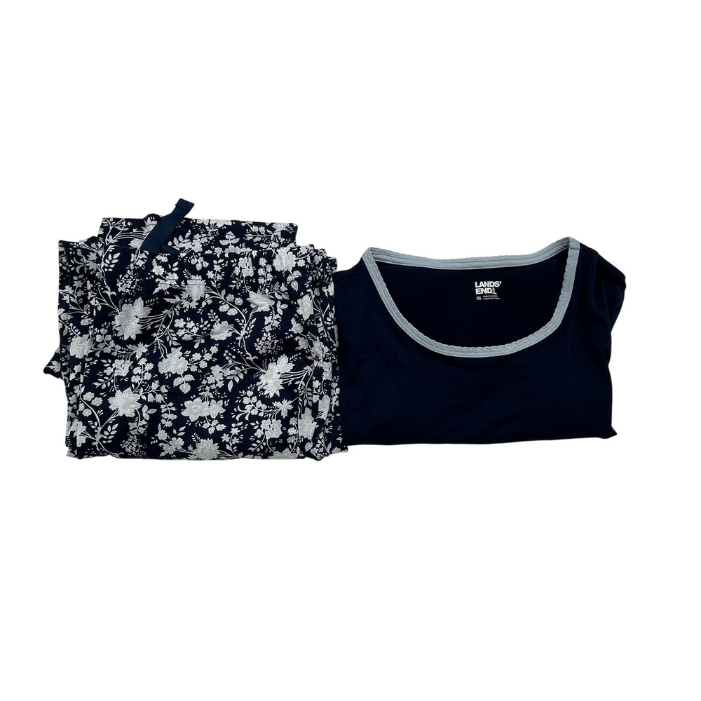 Lands End Womens XXL Navy Blue Floral Pajama Set Short Sleeve Top Pants 2 Piece